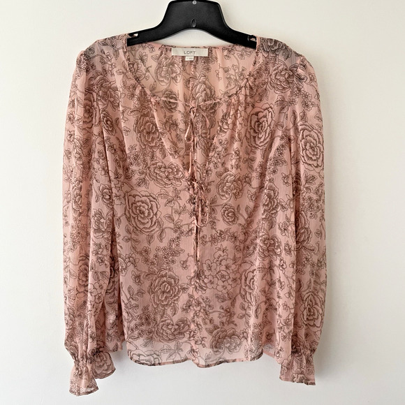 LOFT Tops - Sheer Floral Blouse Pink Lace-Up Milkmaid Coquette Fairy Cottagecore Romantic M
